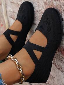 女士圆头针织平底鞋，大码休闲透气芭蕾平底鞋，夏季舒适一脚蹬乐福鞋，妈妈百搭单品，波西米亚风格，黑色、白色、橄榄绿、米色、天蓝色、浅蓝色、卡其色、浅棕色、藏青色、黄色，适合春秋季节 - 黑色 - 查看 3