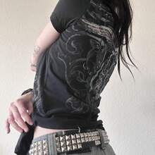 Women Y2k Fairy Grunge T Shirt Short Sleeve Round Neck Punk Gothic Vintage Rhinestone Cross Wings Graphic Printed Tees Shirt Basic Crop Tops Aesthetic Clothes E-Girl Emo Tees Summer Streetwear 90s - Black - View 2