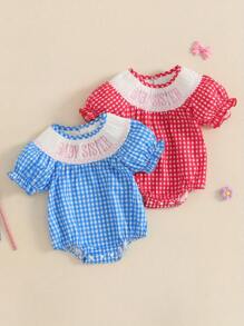Baby Girl Short Sleeve Romper Letter Embroidered Plaid Smocked Round Neck Ruffled Summer Jumpsuits - Blue - View 2