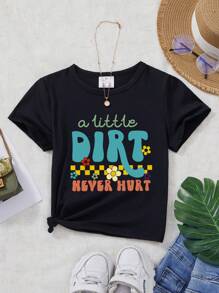 Jeune fille T-shirt à manches courtes avec imprimé lettres à carreaux, printemps/été