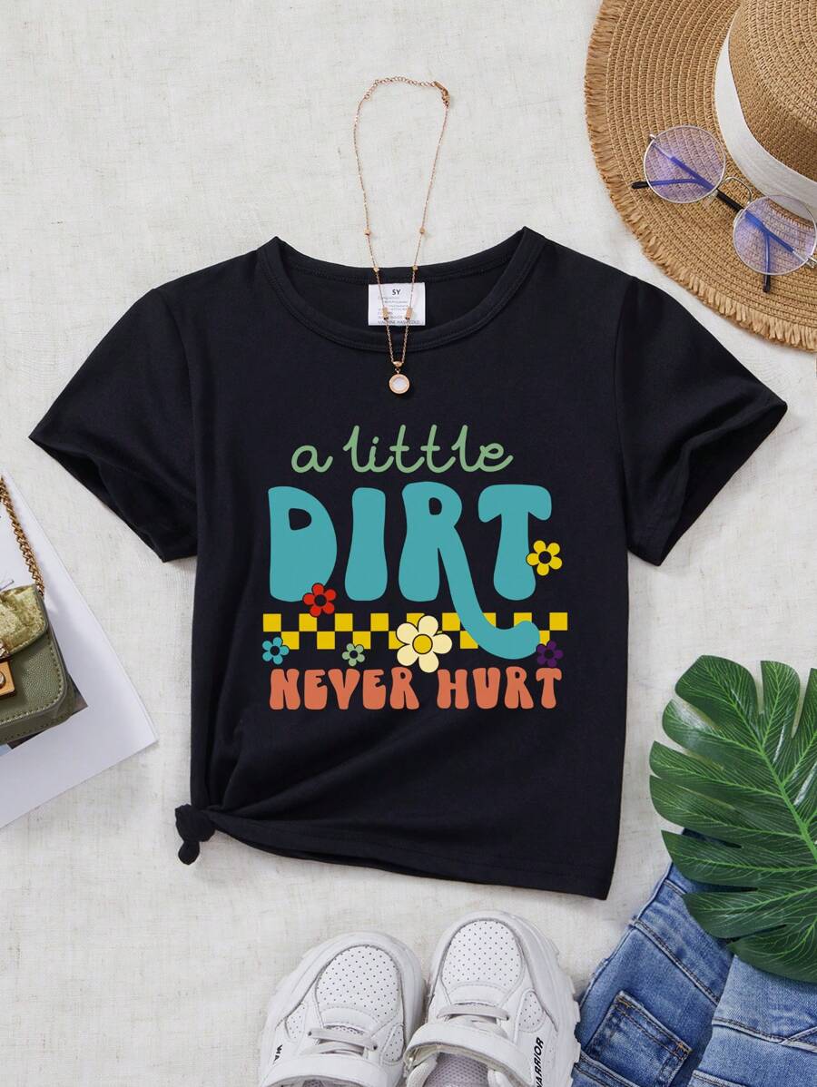 Jeune fille T-shirt à manches courtes avec imprimé lettres à carreaux, printemps/été