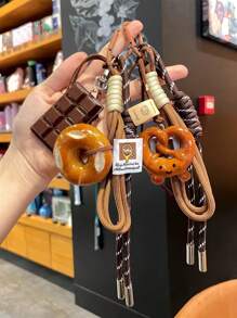 Yogodlns 精致编织面包钥匙扣，巧克力防丢面包钥匙扣，涤纶贝果吊坠挂饰，手工编织绳钥匙扣，巧克力贝果面包钥匙扣，涤纶防丢吊坠，女士礼物 - 彩色 - 查看 1