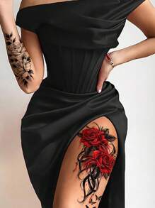 Set di 5 tatuaggi temporanei, con disegni di rose rosse e nere, piume e farfalle nere, impermeabili, adatti a braccia, gambe, cosce, petto, polpacci, caviglie e addome, sicuri, facili da usare e rimuovere, adatti sia per uomini che per donne