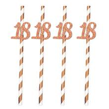 10pcs Paper Straws With 18, 21, 30, 40, 50, 60, 70, 80 Number Design In Gold & Rose Gold Color, Cake Decor For Birthday Party