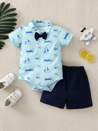 2 piezas Conjunto de Pelele para Bebé Niño con Estampado de Barco de Vela, Conjunto de Manga Corta y Pantalones Cortos, Lindo y Elegante, Adecuado para Recién Nacidos y Niños Pequeños en Verano