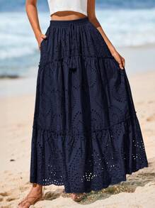 Women's Casual Lace Embroidery Eyelet Elastic High Waist Tiered A-Line Flowy Long Skirt Summer Boho Bohemian Beach Spring Holiday Vacation Going Out Valentine Long Maxi Skirt Outfits - 藏蓝色 - 查看 1