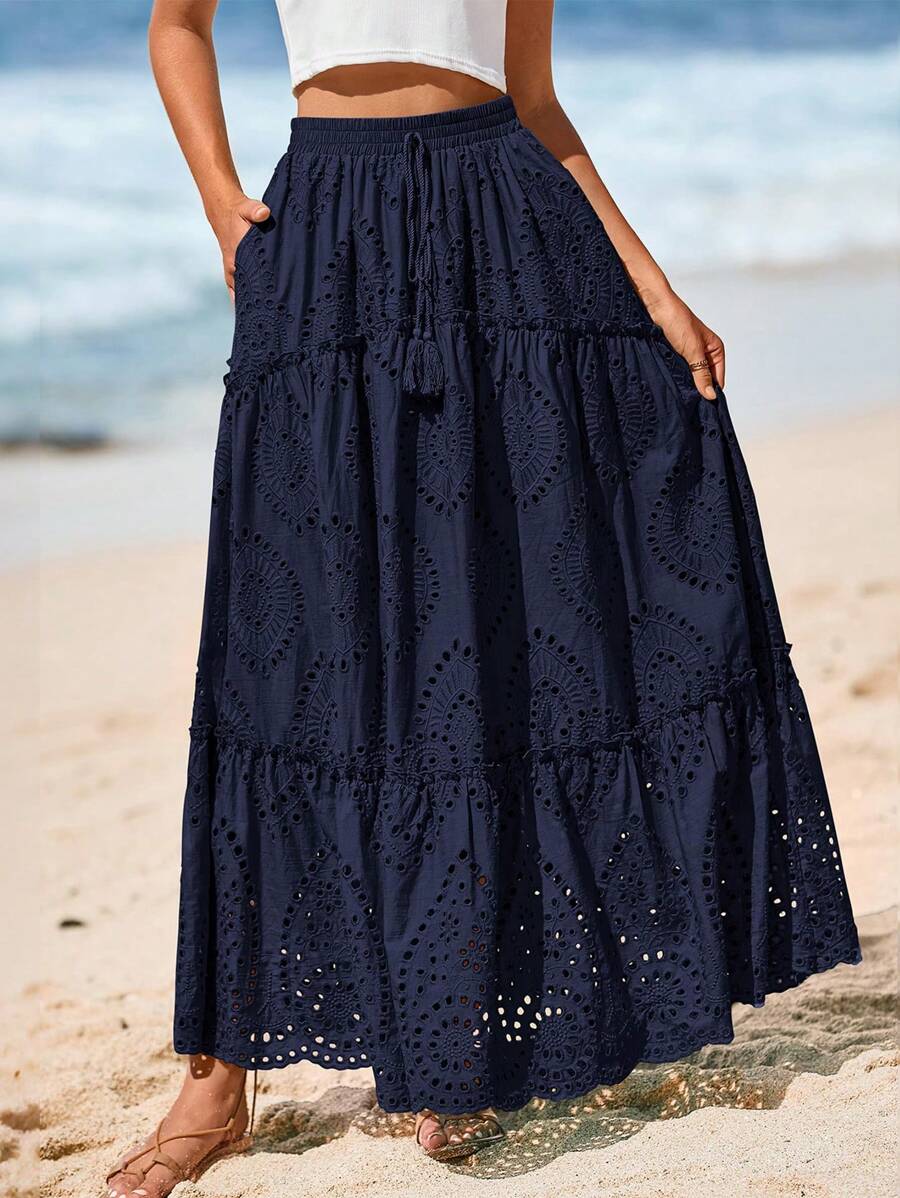 Women's Casual Lace Embroidery Eyelet Elastic High Waist Tiered A-Line Flowy Long Skirt Summer Boho Bohemian Beach Spring Holiday Vacation Going Out Valentine Long Maxi Skirt Outfits - 藏蓝色 - 查看 1