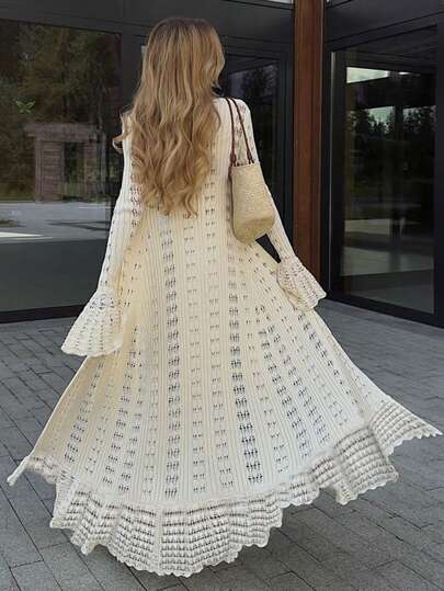 Vestido de punto de verano y primavera nuevo y sexy para mujer con escote en V, de manga larga. Diseño ajustado y casual de estilo vacacional, con manga de trompeta delgada, corte hueco y falda larga de estilo bohemio