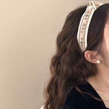 1pc Boho Linen Thin Headband With Wooden Beads And Gems, All Season Decor Headwrap,Hairband,Hair Hoop