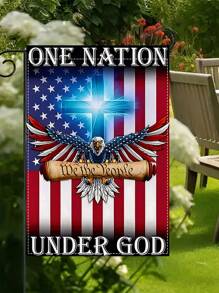 1pc One Country Under God Eagle Garden Flag, Double-Sided Linen, 14.17x18.50 Inches, American Flag Design With Cross And Eagle - Suitable For Independence Day, Outdoor/Interior Decoration, Patio & Garden Decoration, Furniture Decoration, No Power Required (Flag Only)