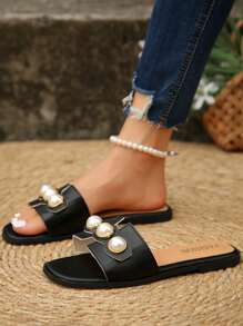 女士仿珍珠平底拖鞋，时尚露趾防滑纯色凉鞋，户外百搭凉鞋，春夏穿搭 - 黑色 - 查看 2