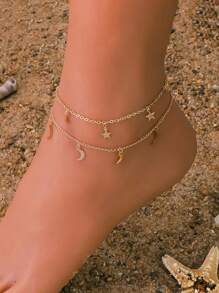 1pc Simple Beach Style Moon & Star Anklet For Women, Suitable For Beach Vacation, Daily Wear, Life Gift, Fashion Accessory - Gold - View 7