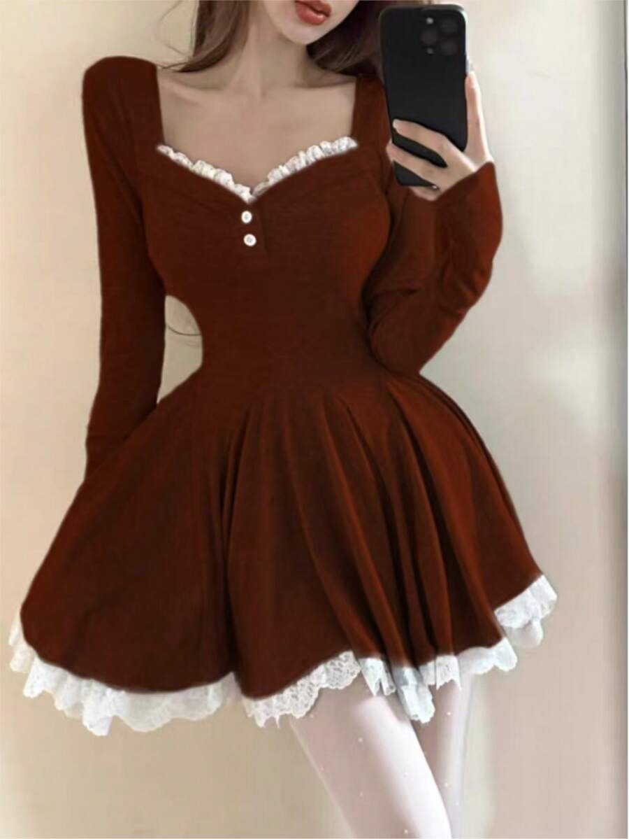 Solid Lace Patchwork Pleated Knitted Dress For Women's Spring Autumn Long Sleeved Slim Clothes Sweet Big Swing Concert Festival Dresses - View 1