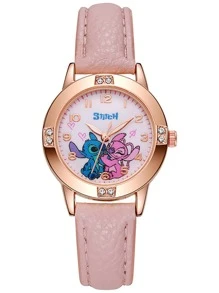 Sanrio Montre en acier de haute qualité avec diamants, motif Stitch de Disney, pour dame/fille. Montre-bracelet à quartz pour filles