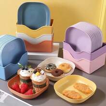 10pcs Square Serving Plates With 1 Stand, Portable Food Dish Set, Suitable For Snacks And Breakfast, Plastic, Essential Kitchen Tool. Mess Plates, Bone Dishes, Home Bone Plates, Bone Dishes, Small Snack Plates, Creative Plastic Dishes With Pedestal.