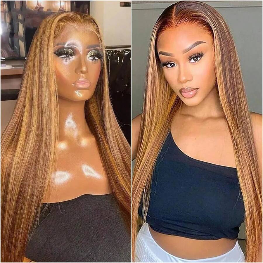 Highlight 4/27 Straight Wig 40 Long Inch 100% Human Hair 13x6 HD Transparent Lace Frontal Wig 180% Density Frontal Pre Plucked Wigs For Women - S4/27 - Xem 1