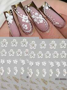 2 stuks witte hibiscusbloem 5D nagelstickers elegante witte bloemblaadjes gouden lijnontwerpen acryl gegraveerde stickers bloeiende orchideeën bloemblaadjes lente zomer manicure decoraties