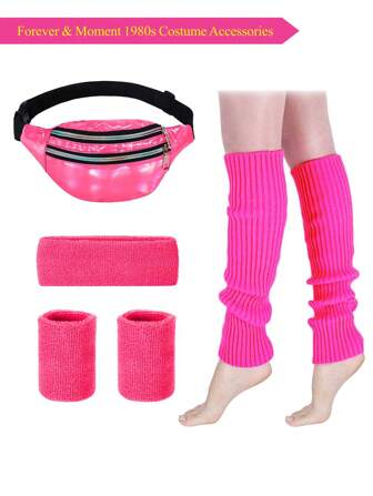 Forever & Moment 4/5/6pcs 80s Costumes Accessories Set For Women Leg Warmers Fanny Pack Knit Neon Leg Warmers Headband Wristbands Halloween