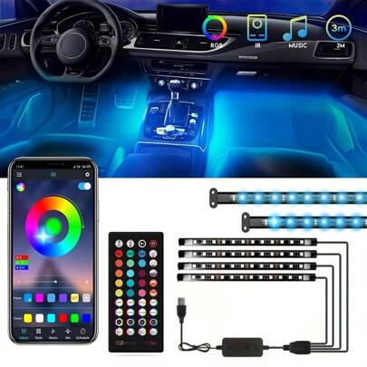  1Set RGB Interior Car Strip Lights With Smart APP Control, Music Sync Under Footwell Neon Internal Lighting Kit Multicolor,12V LED Strip Lights For Cars, Trucks, SUVs With Car Charger