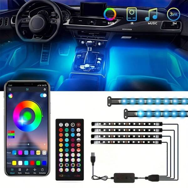 1Set RGB Interior Car Strip Lights With Smart APP Control, Music Sync Under Footwell Neon Internal Lighting Kit Multicolor,12V LED Strip Lights For Cars, Trucks, SUVs With Car Charger