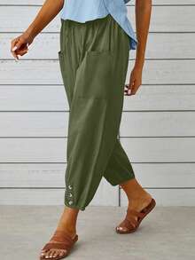 New European & American Style Loose High Waist Button Closure Linen Ankle Length Wide Leg Pants For Women Spring - Army Green - View 4
