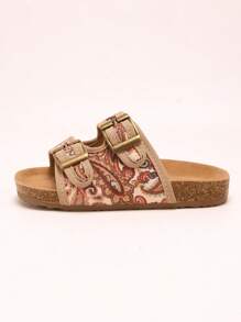 1 Pair Kids Paisley Patterned Sandals, Fabric & Cork - Synthetic Leather Material, Comfortable & Breathable, Open Toe, Dual Strap With Metal Buckle, Flat Heel, Bohemian Style, Suitable For Daily Wear And Summer Outings - Khaki - View 5
