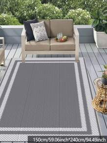 Outdoor Waterproof Plastic Woven Rug - 150x240cm Waterproof Reversible Patio Mat, Modern Carpet Suitable For Deck, Beach, RV, Camping, Patio, Garden, Picnic, Back To School - Gray Leaves (without Ground Spikes and Carrying Bag) - View 7