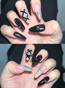 10 Stück handgemachte Y2K Edgy Baddie Schleifen, Herz, Kristall verzierte Nagelkunst Set Aufklebe-Nägel Nagelbedarf Nägel