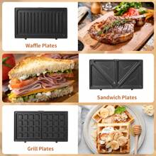 1 pieza Máquina 3-en-1 para hacer sándwiches/waffles/panini, electrodoméstico multifunción para el desayuno, 750W, revestimiento antiadherente, calentamiento uniforme de doble cara, placas extraíbles, mangos de tacto frío, almacenamiento vertical, color gris plata - Ver 3