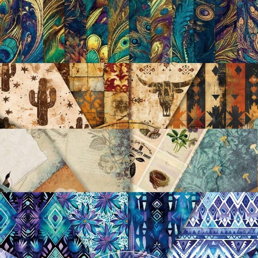 24 Sheets 6"X6" Scrapbook Paper,Vintage Decorative Materials & Supplies,Vintage Japanese Style,Flaxen Geometric Patterns,Peacock Feathers,Nature, Style,Western Wild,DIY Nebulae Scrapbook Card Making For Adults Teens, DIY Craft Background Paper,Junk Journal,Album