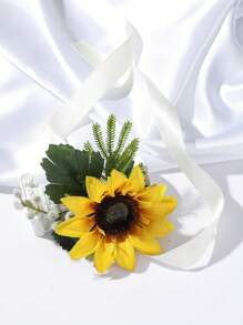 1件黄色向日葵和仿真绿植腕花，浪漫风格，适合新娘、伴娘、婚礼、派对、毕业典礼、情人节等场合佩戴。 - 彩色 - 查看 3