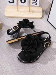 Toddler/Little Girls' 2025 Summer New Fashion Versatile Round Toe Thong Sandals With Large Flower, Flat, Anti-Slip For Beach & Home Wear