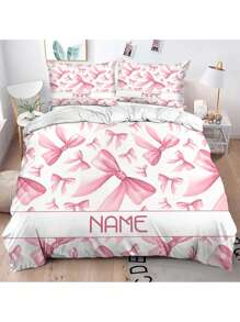 3pcs Customizable Name Creative Pink Bow Cherry Pattern Bedding Set, Soft And Comfortable, Stylish Home Decor, Holiday Decoration, Tear-Resistant Polyester, Includes 1 Duvet Cover And 2 Pillowcases, Machine Washable, All Season Duvet Cover Set, Ideal For Home And Guest Room, Great Gift For Pink Bow Lovers