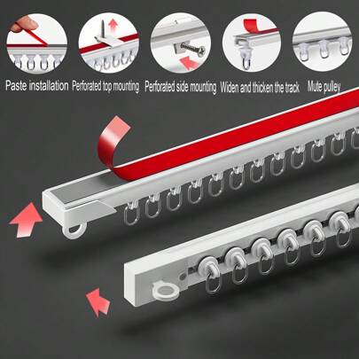 FEPK 4-In-1 Multi-Functional Shower Curtain Track, Nano Silent Sliding Wheels, Connectable & Cuttable, Side & Top Mount, Adhesive & Drill Installation, Applicable For Curtains, Screens, Showers, Dividers, Cabinets, Wardrobes, Bathroom Accessories