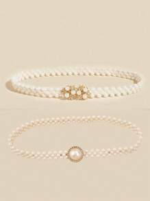 2pcs Women Pearl Elastic Waist Chain With Gold Flower & Bow Accent, Suitable For Evening Dress, Parties, Weddings, Mother's Day Gift