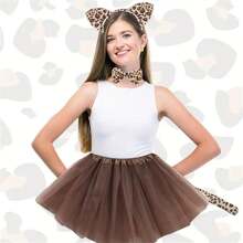 4件套时尚化妆舞会动物发带发卡道具批发豹纹发带豹纹猫耳朵发孔套装适合派对穿着化妆舞会穿着节日礼物生日礼物豹纹耳朵三件套+豹纹脸贴豹纹耳朵三件套+咖啡星纱裙舞会万圣节 - 彩色 - 查看 4