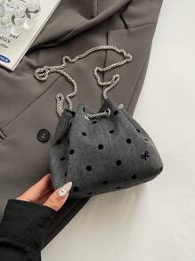 1pc Nylon Plain Drawstring Bucket Bag With Chain Strap, Fashion Pearl Shoulder Handbag For Women - Multicolor - View 9