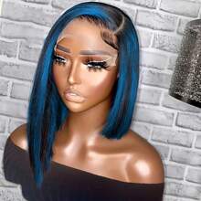Highlight Blue Straight Bob Cut Hair 13X4 Transparent Frontal Lace Black And Blue Colored Skunk Stripe Human Hair Bob Wig For Women Pre Plucked - Piano Color - View 2