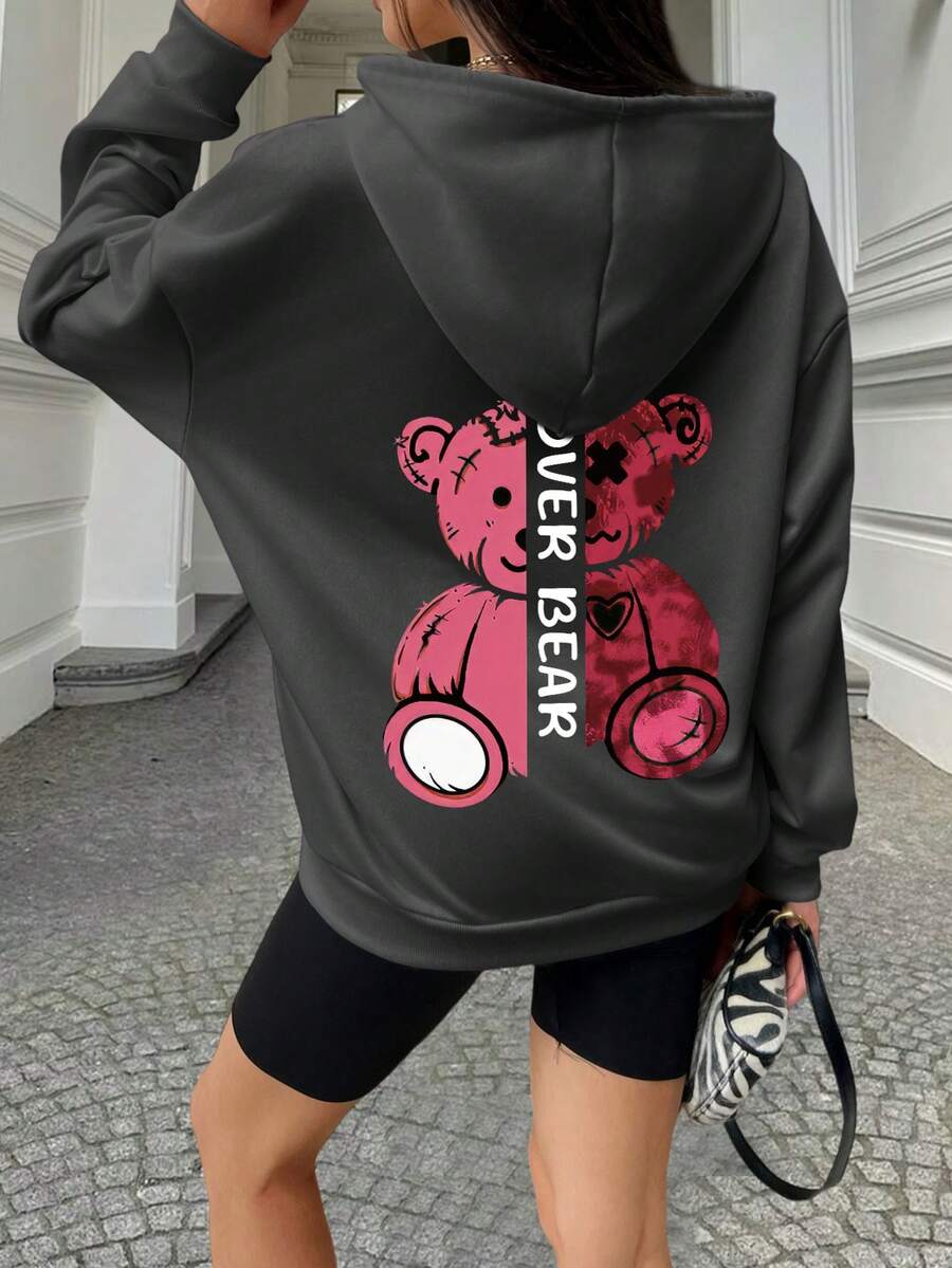 Felpa donna con scollo a goccia, stampa orsetto teddy "cocoa love", felpa con cappuccio ampia, top a maniche lunghe traspirante adatto per primavera e autunno - Grigio Scuro - Visualizzare 1