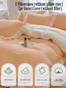 3pcs Ruched Floral Pattern Bedding Set Including 1 Duvet Cover & 2 Pillow Shams, Pale Yellow & White Color, Super Soft, Machine Washable - Yellow - View 5