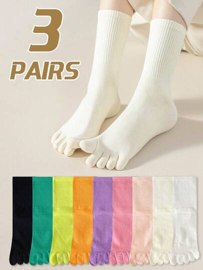 3 Pairs Women's Plain Simple Cotton Socks, Breathable Moisture Wicking Odor Resistant Ribbed Mesh, Collegiate Style Mid-Calf Toe Socks For Spring Summer, Fall