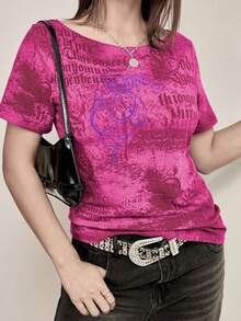 Cyber Y2K Women Fashion Street Goth Style Graphic Print Asymmetrical Asymmetrical Neck Slim Fit Short Sleeve T-Shirt - Hot Pink - View 4