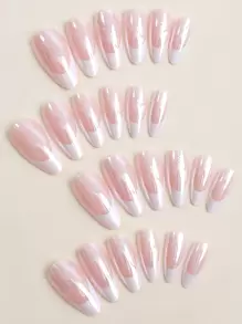 中号杏仁形法式美甲贴片，镀铬设计，亮面裸色假指甲，镜面亚克力美甲贴纸，女士美甲用品 - 彩色 - 查看 2
