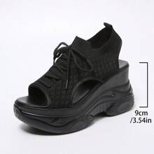 Damen Keilsandalen Einfarbig, Lässig Plateausandalen mit offenem Zeh, Sommer Schnürsandalen, modische Sportschuhe - Schwarz - Übersicht 6