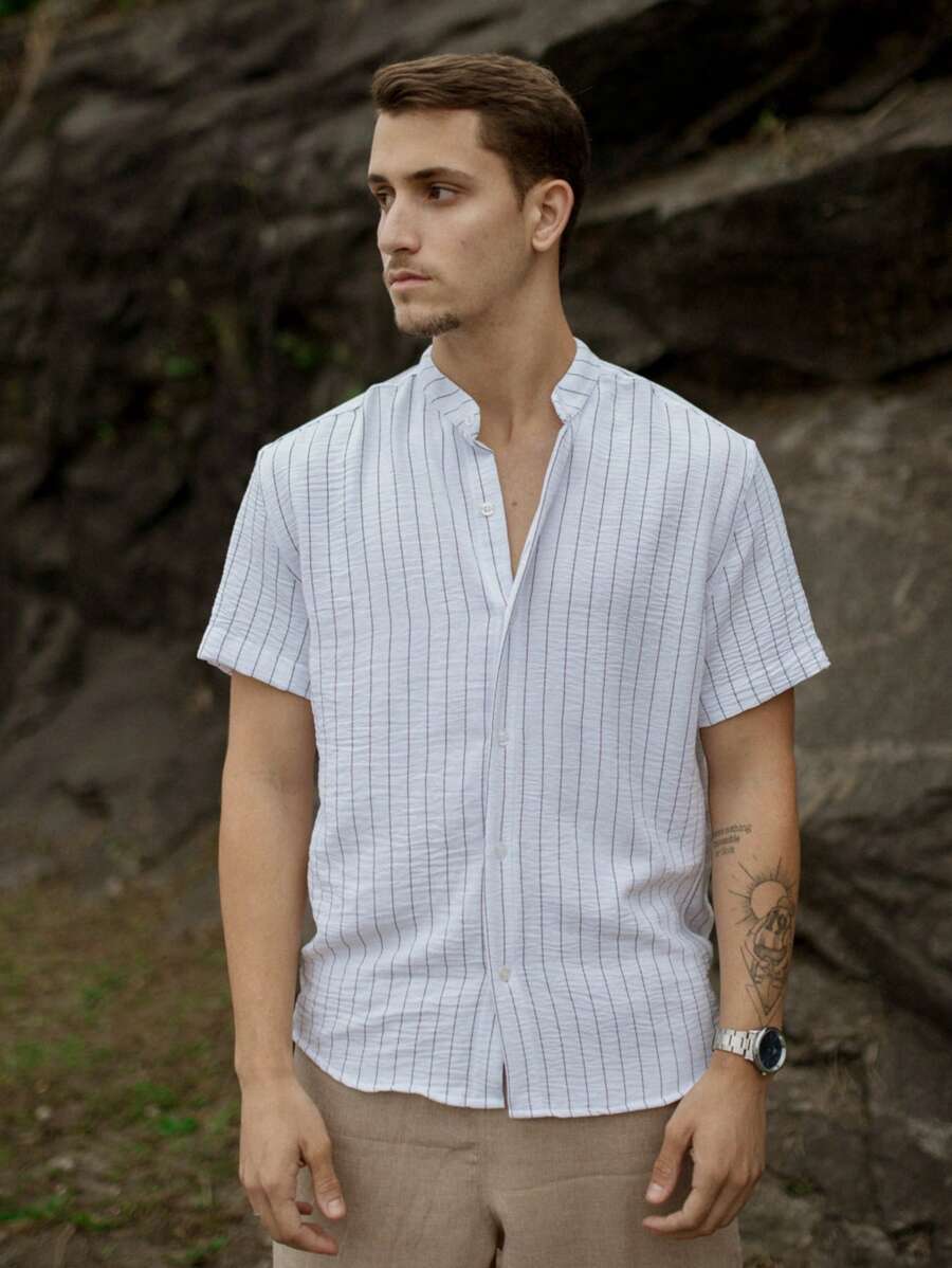 Men's Short Sleeve Shirt With Priest Collar Elegant Casual Party Work - MultiWarna - View 1