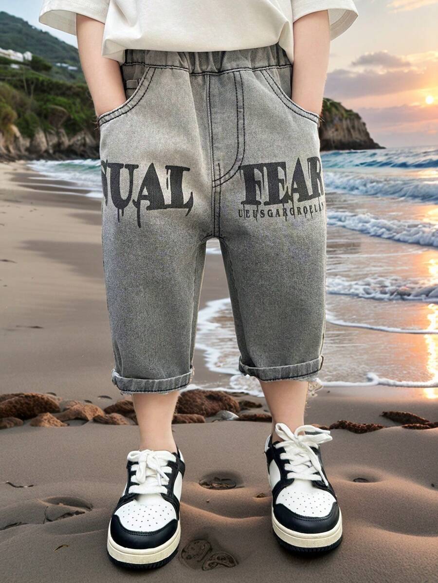 Boys' Casual Printed Denim Capri Shorts, Summer - Grey - View 1