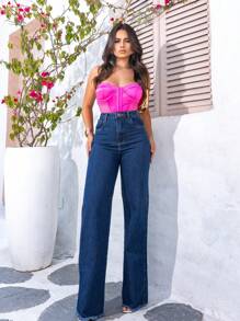 WIDE LEG PANTS SimpleCasualElegantJeansPANTS - 深色水洗藍 - 查看 4