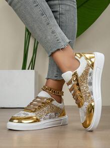 Novo Estilo Metálico Brilhante de Sapatos, Calçado Feminino Casual Atlético, Tênis Respiráveis de Laço, Mocassins Planos Versáteis e Confortáveis com Glitter Dourado no Cabedal