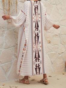 女士几何印花蝙蝠袖长袖系带度假和服罩衫 - 白色 - 查看 3