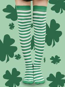 3pcs/1pair Women Green Striped Clover Over-The-Knee High Socks, Suitable For Performance, St. Patrick's Day, Y2k, Cozy
